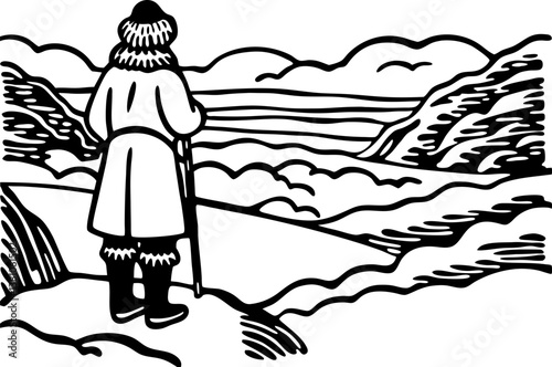 explorer gazing over snow covered mountain landscape, winter adventure, solitary journey in nature