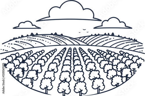 lush agricultural fields with tree rows and rolling hills under cloudy sky line art illustration