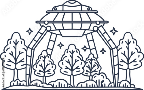 ufo in forest spaceship, alien spacecraft hovering among trees extraterrestrial whimsy, sci fi fantasy scene