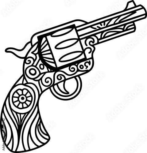 ornate revolver illustration with intricate line art patterns in black and white design