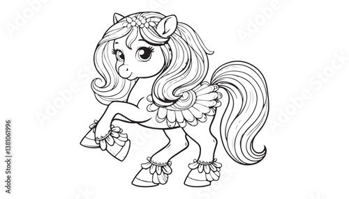 Vector illustration of cartoon horse black and white drawing For children to learn to color according to the picture