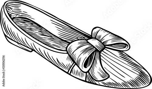Hand drawn ballet flat with bow detail, classic footwear stylish, feminine shoe design illustration