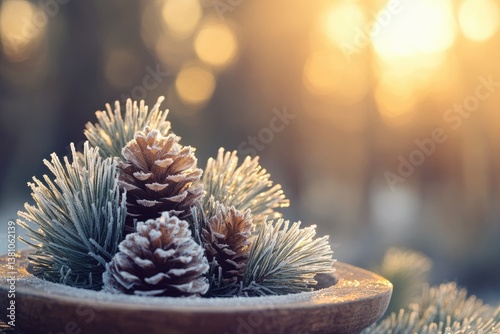 Frost-covered pine cones and branches in a wooden bowl, bathed in warm winter sunlight.