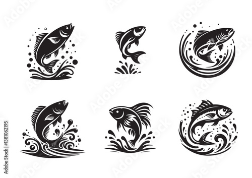 Fish jumping silhouette Set black Vector white Background