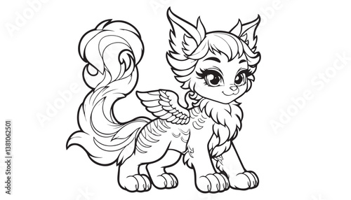 Vector illustration of cartoon kitten waving wing greeting black and white drawing For children to learn to color according to the picture