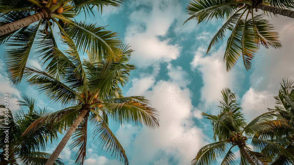 Fototapeta premium Tropical coconut palms frame a blue sky, promising a summer island paradise