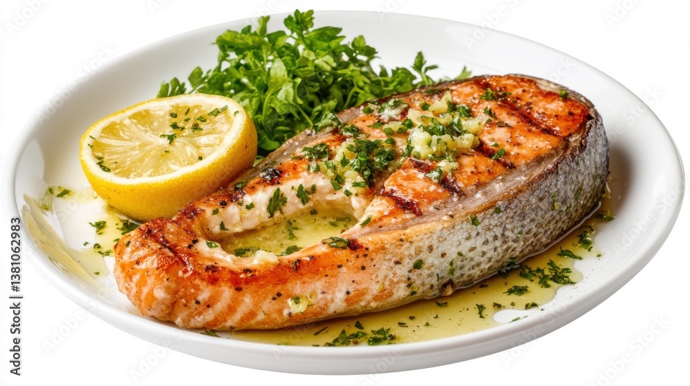 Grilled salmon with lemon and parsley garnish on white plate Grilled salmon with lemon and parsley garnish on white plate