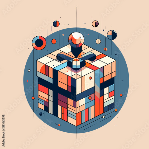 Abstract geometric cube design with colorful patterns and orbs  