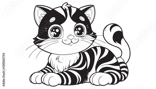 Vector illustration of cartoon tiger black and white drawing For children to learn to color according to the picture
