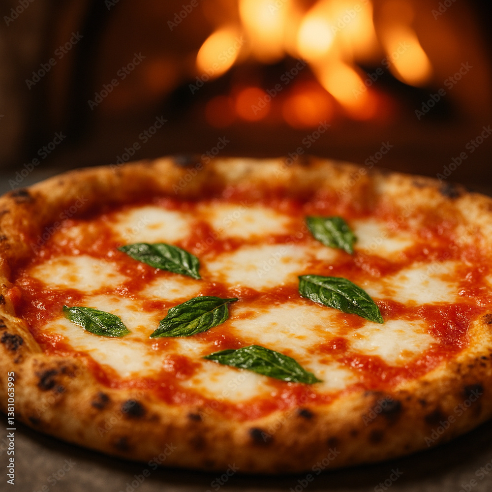 Authentic Neapolitan Margherita Pizza with Basil in Front of a Wood-Fired Oven