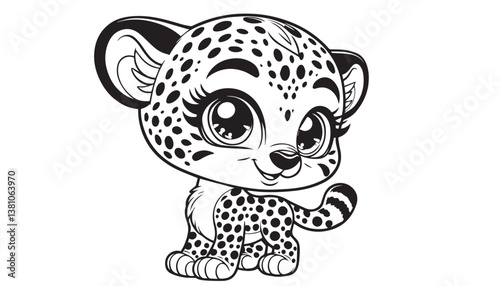Vector illustration of cartoon Cheetah black and white drawing For children to learn to color according to the picture