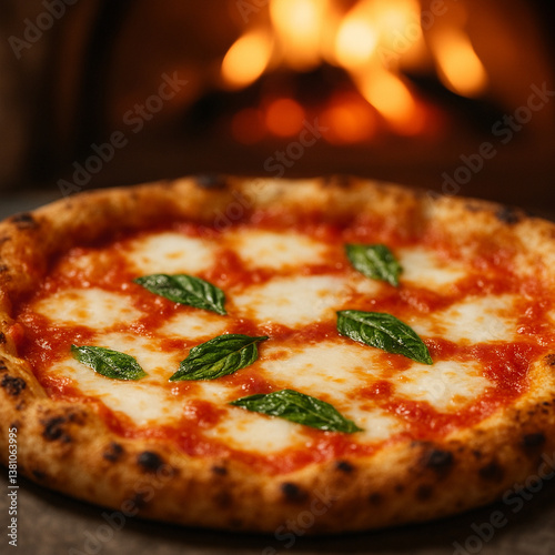 Obraz na płótnie Authentic Neapolitan Margherita Pizza with Basil in Front of a Wood-Fired Oven w salonie