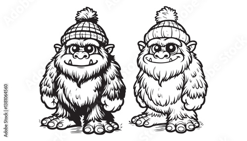 Vector illustration of cartoon yeti black and white drawing For children to learn to color according to the picture