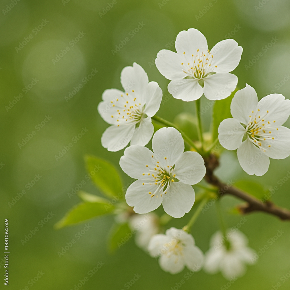 Fototapeta premium White Cherry Blossoms in Bloom with Soft Green Background