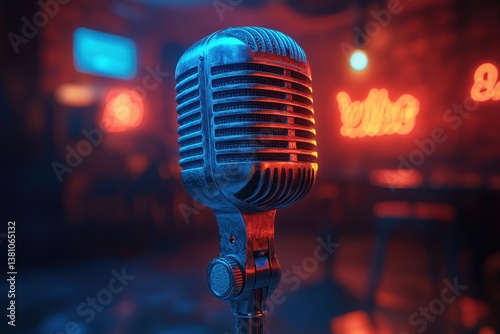 A classic, vintage microphone glows in a neon-lit bar scene, ready for a performance.