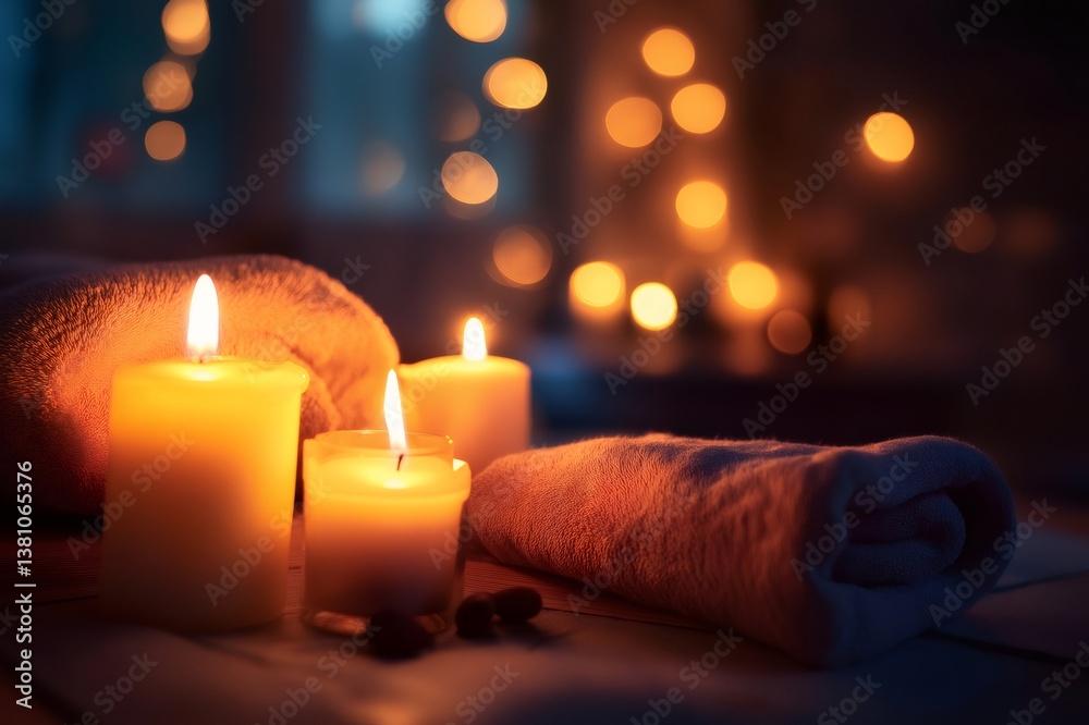 Soft towels and burning candles create a relaxing atmosphere in a dimly lit spa, ready for a soothing massage