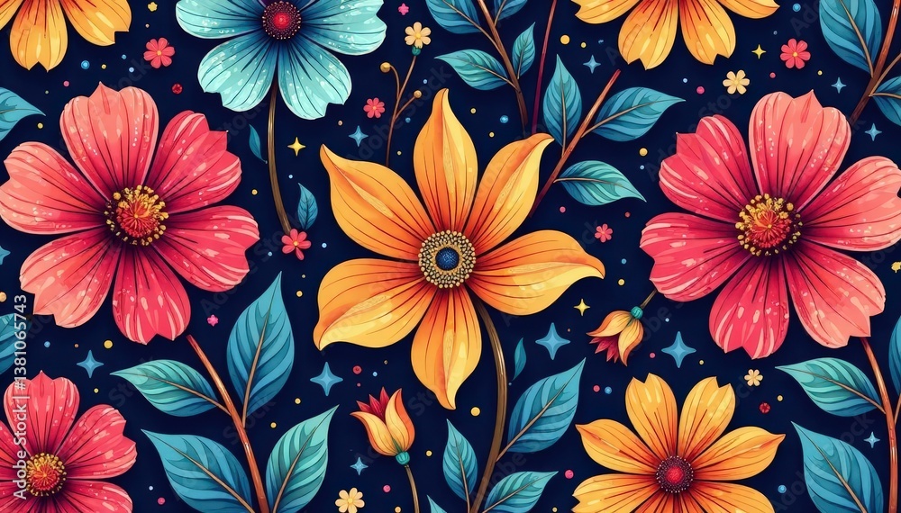 Intricate floral motif in vibrant hues; seamless repeat for vibrant backdrop, floral, illustration, image