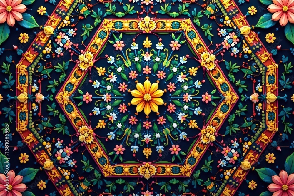 Intricate floral motif within a hexagonal geometric frame , texture, art
