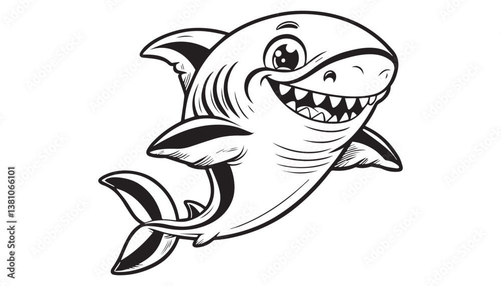 Vector illustration of cartoon shark black and white drawing For children to learn to color according to the picture Vector illustration of cartoon shark black and white drawing For children to learn to color according to the picture