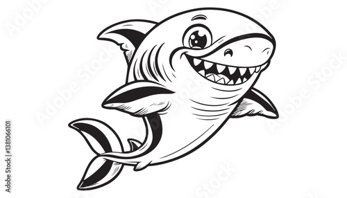 Vector illustration of cartoon shark black and white drawing For children to learn to color according to the picture