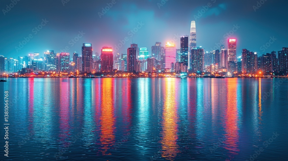 Fototapeta premium Night Cityscape Reflection: Vibrant Urban Panorama at Night