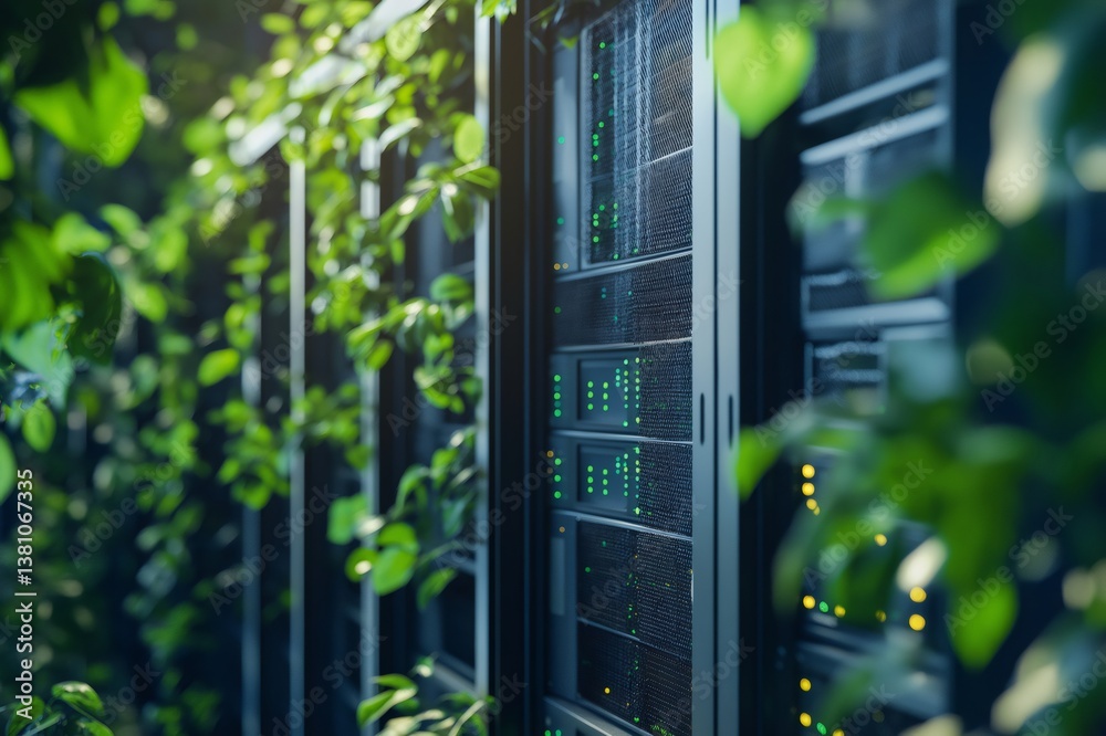 Server racks surrounded by plants in a sustainable data center, blending technology with nature