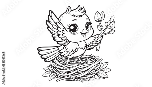 Vector illustration of cartoon Parrots waving wing greeting black and white drawing For children to learn to color according to the picture