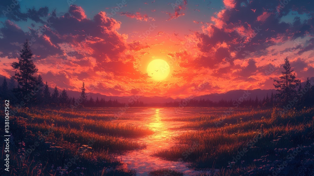A breathtaking sunset over a peaceful field. Anime Background A breathtaking sunset over a peaceful field. Anime Background