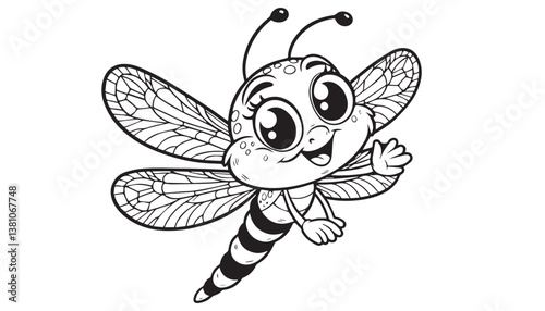 Vector illustration of cartoon dragonfly waving wing greeting black and white drawing For children to learn to color according to the picture