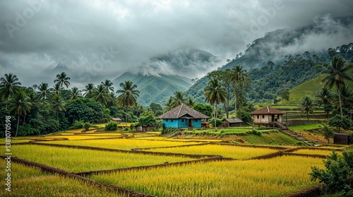 Typical Indian style home amidst paddy fields, mountains & waterfall during monsoon season in coastal or mountainous region of India. Image created through AI