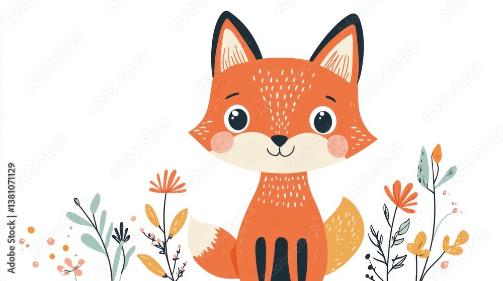 Obraz premium Cute fox surrounded by floral elements for children’s room decor