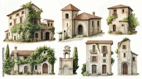 Watercolor style illustrations of italian villas and architecture for artistic home decor or design projects