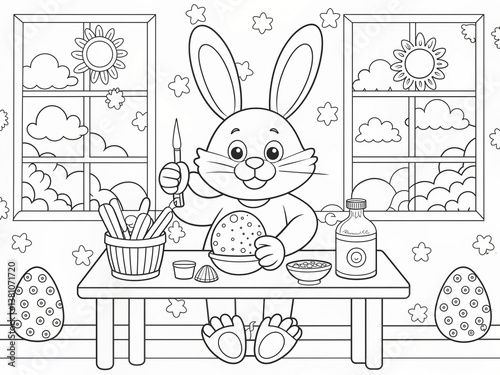 Black and white illustration for coloring with Easter bunny