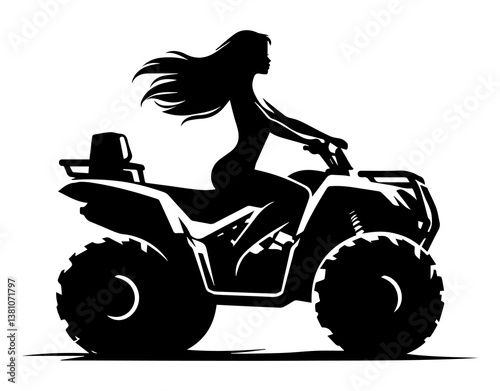 Black and white silhouette of a girl on an ATV on a white isolated background. Vector graphics. EPS.