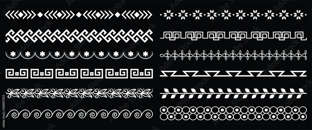 Hand drawn traditional folk motif, ethnic pattern chalkboard set. Peru, mexican, aztec drawn border pattern. Boho, indian decoration, arrow element. Vector illustration.