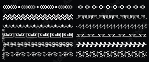Hand drawn traditional folk motif, ethnic pattern chalkboard set. Peru, mexican, aztec drawn border pattern. Boho, indian decoration, arrow element. Vector illustration.