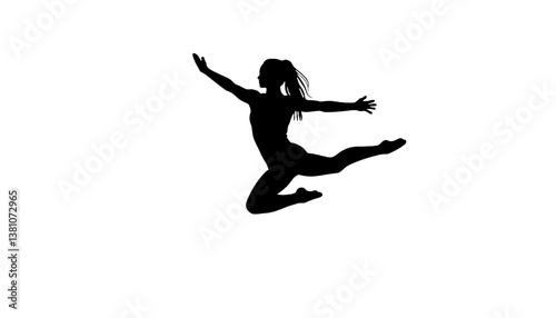 Silhouette of a dancer leaping joyfully against a white background  