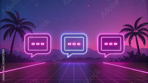 Digital chatbot conversation on a neon-lit retro interface, where every chat bubble is framed by pixelated neon borders, set against a soft gradient of pink and purple.