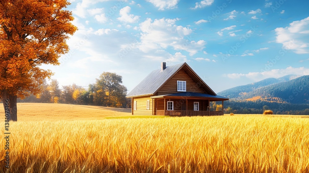 A rustic farmhouse in a golden wheat field during harvest season pic A rustic farmhouse in a golden wheat field during harvest season pic