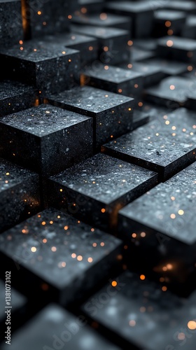 Abstract Close-Up of Textured Black Cubes with Twinkling Sparkles