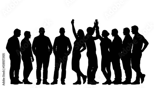 Group of Silhouetted People Celebrating Against a White Background  