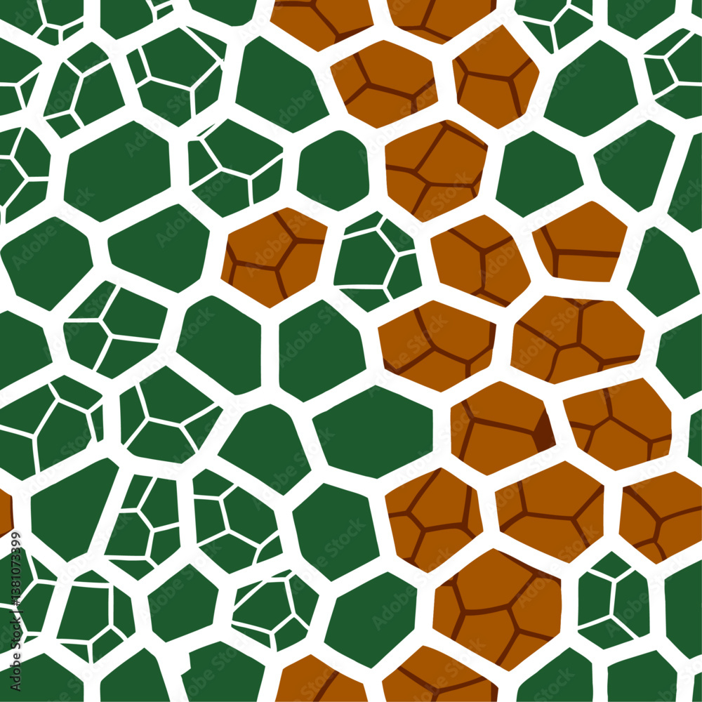 Tessellated Pattern of Green and Brown Polygons with White Outlines Tessellated Pattern of Green and Brown Polygons with White Outlines
