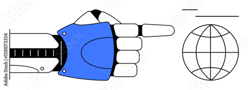 Robotic hand with blue accent pointing at a globe, symbolizing technology, AI, and global communication. Ideal for futuristic concepts, AI, automation, tech innovation, connectivity robotics global