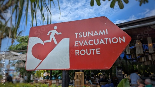 Closeup of Tsunami Evacuation Route sign in Bali Indonesia