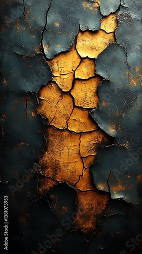 Close-Up of Textured Surface with Cracks Revealing Bright Gold Interior