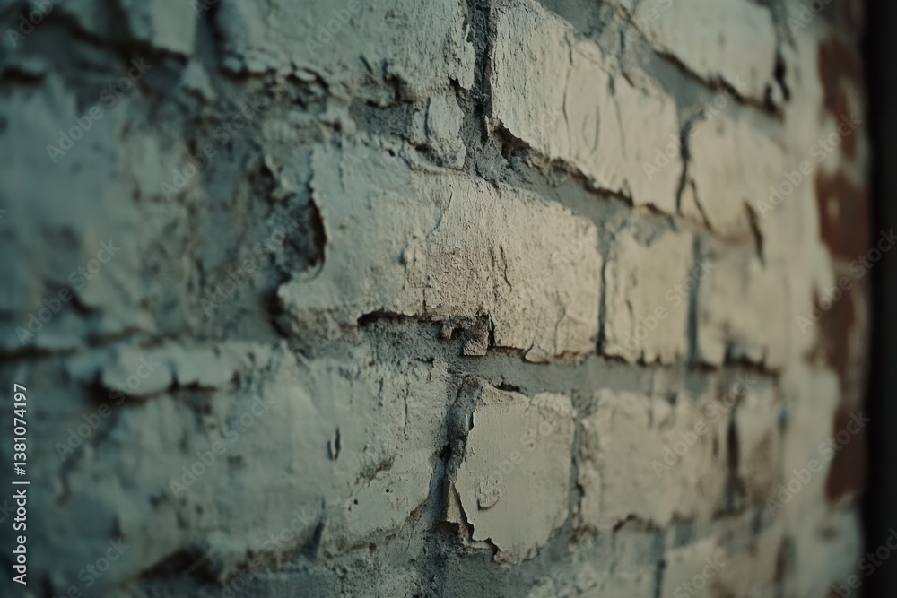 Obraz premium A detailed shot of a white brick wall with a slight patina, where some bricks show traces of wear and fading, adding character and depth. The soft lighting accentuates the texture