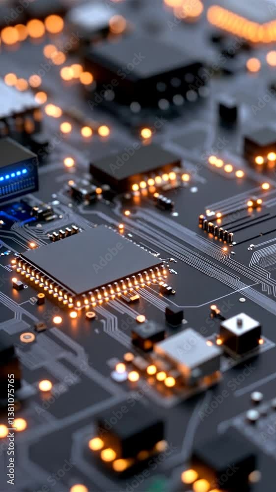 Close-up view of a modern circuit board with glowing components and intricate pathways Close-up view of a modern circuit board with glowing components and intricate pathways