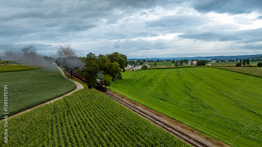 Obraz premium A vintage steam train moves along a meandering railway, surrounded by vast green fields and under a cloudy sky. The landscape captures the essence of rural tranquility.