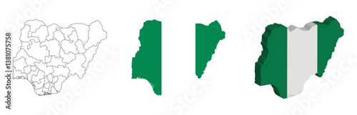 Nigeria outline, fill with flag and 3d map