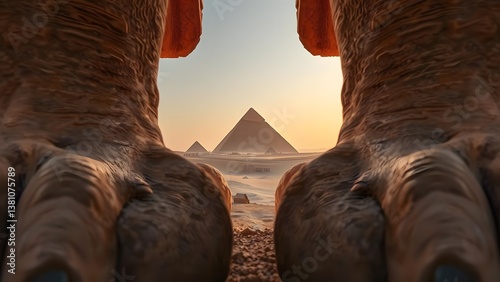 Pyramids and stone monument paws in sunrise desert landscape, ancient architecture and travel destination.  